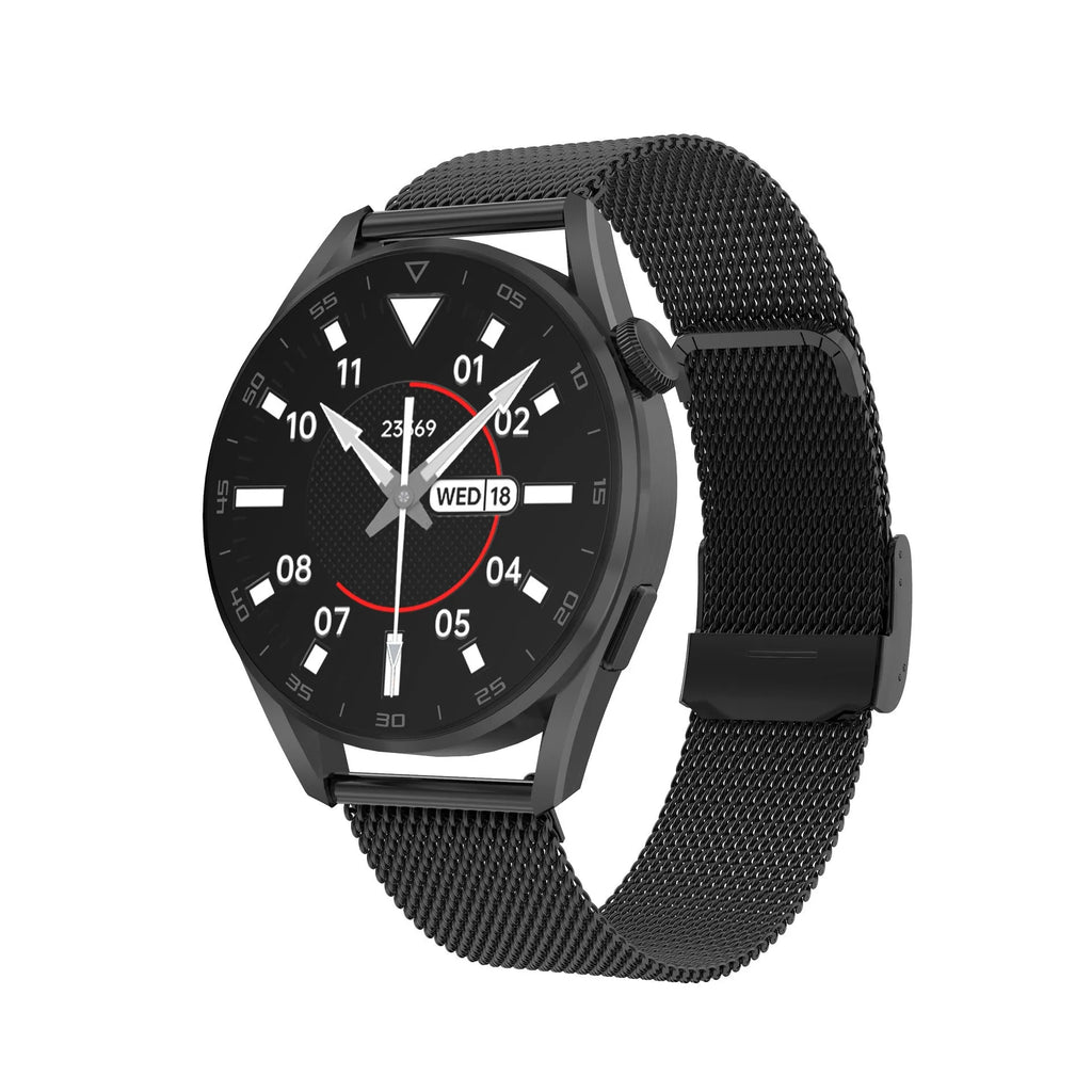 Smart watch with metal wristband and 1.3 inch IPS touchscreen display showing interface