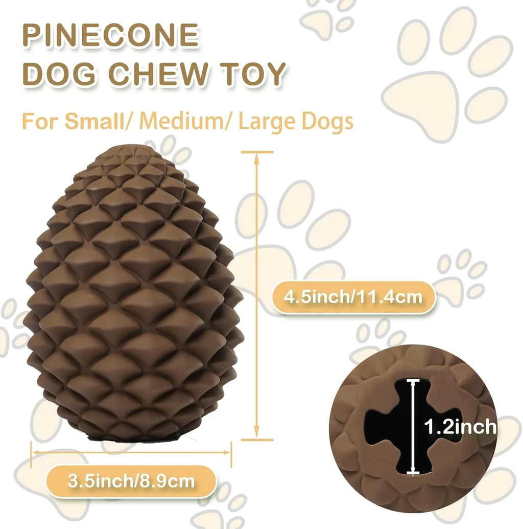 Yellow pine cone-shaped natural rubber dog toy with textured surface and treat dispenser hole.