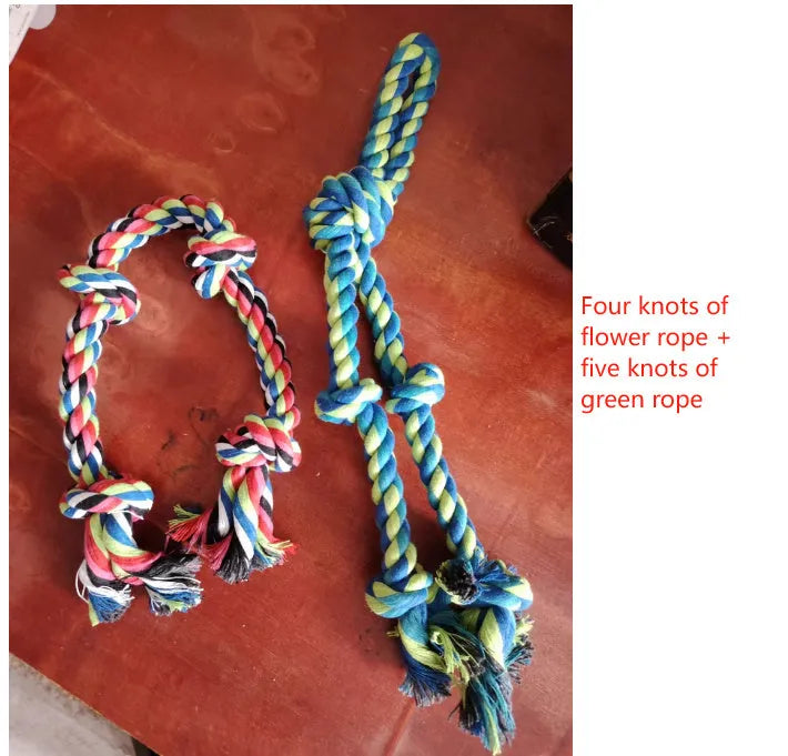 Cotton rope knot dog toy for large breeds, 77cm, flower rope four sections and green rope five sections.