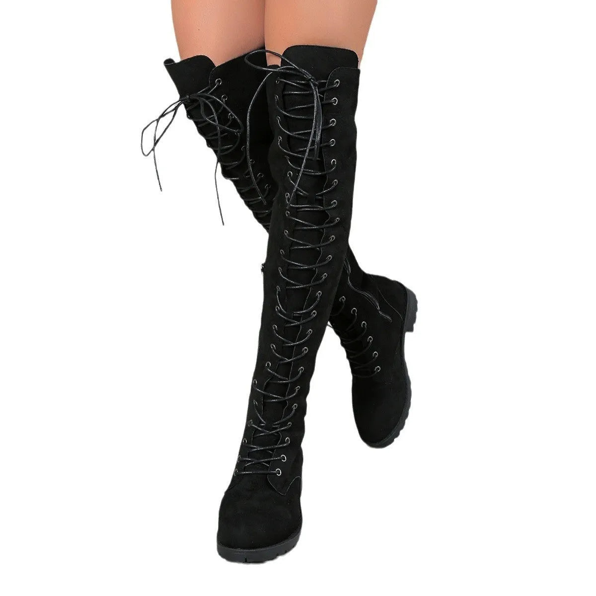 Black lace-up over-the-knee flat boots with round toe and stitching detail.