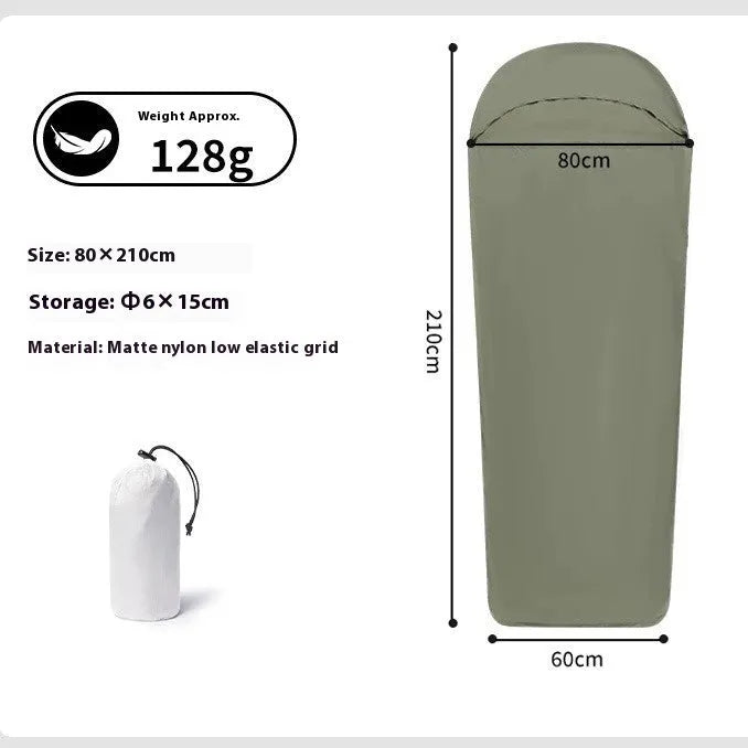 Blue and green lightweight nylon mummy-style camping sleeping bag for adults.