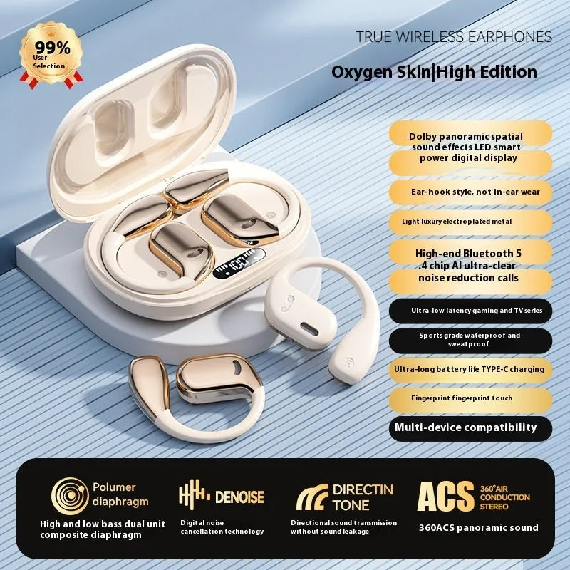 Noise reduction sports ear hook headphones in black or skin colour with Type-C charging and 15 metre range.