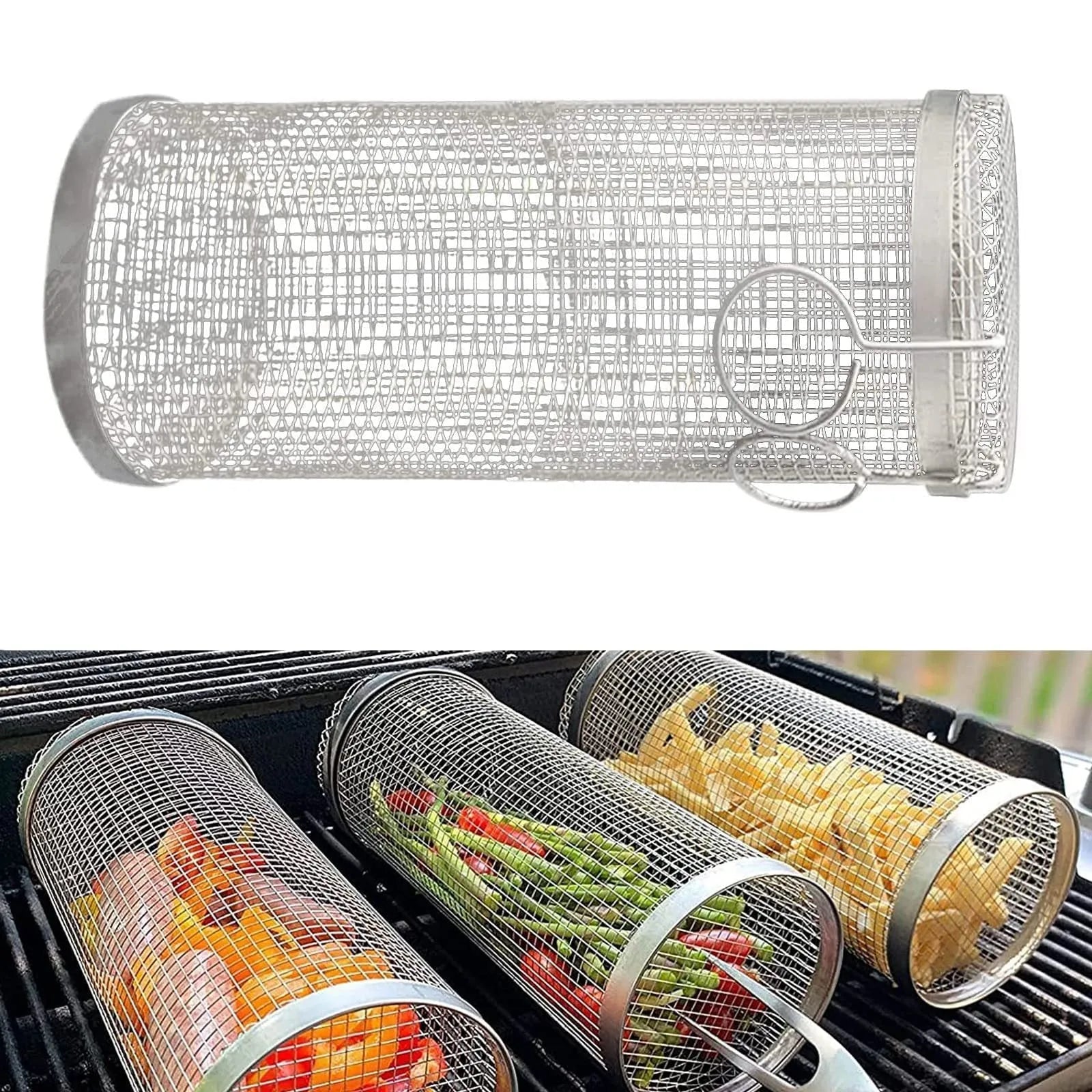Cylindrical iron wire rolling barbecue grilling basket with a metal hook.
