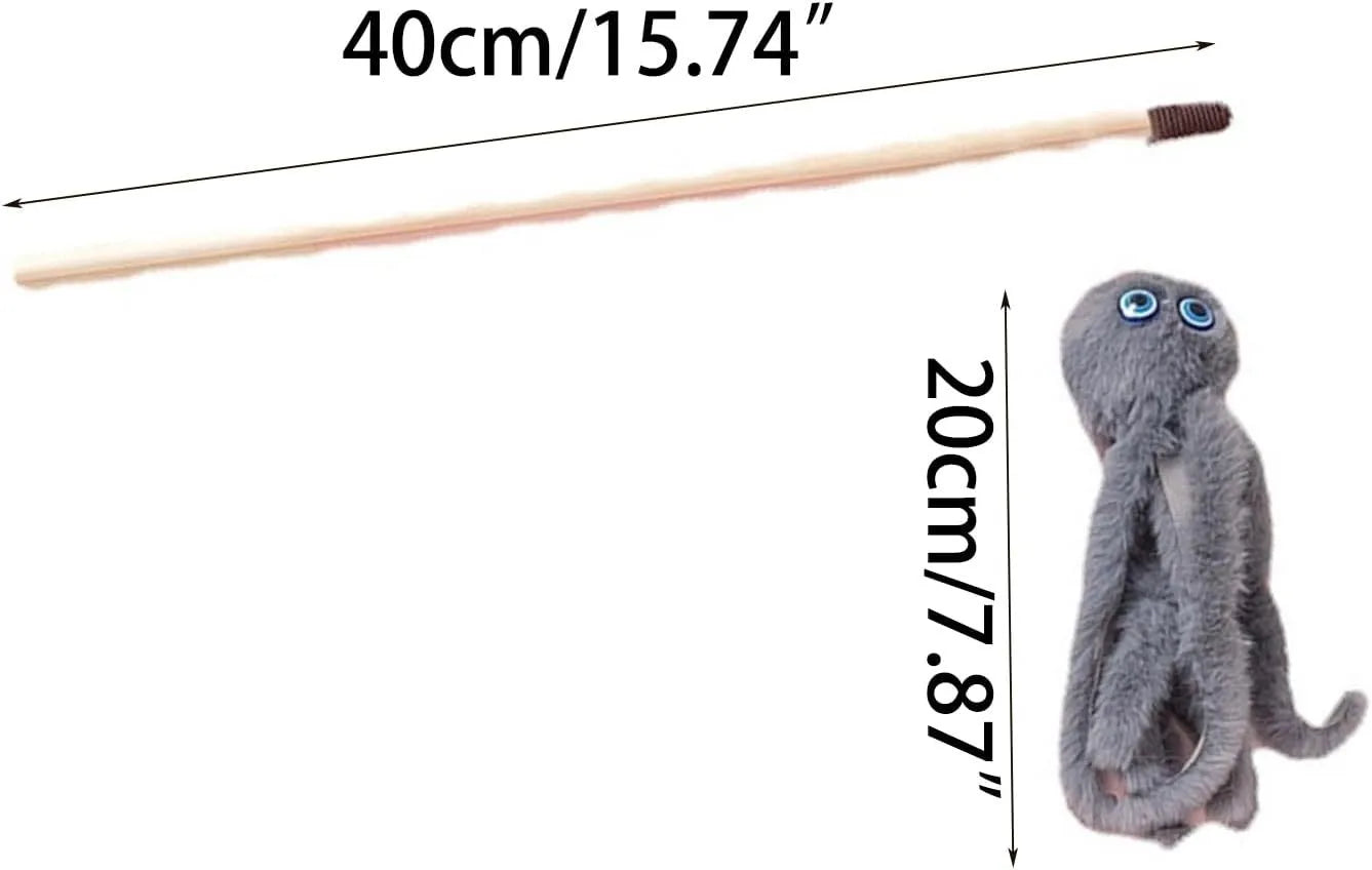 Octopus design cat toy with movable eyes on a long stick, shown in grey, pink, purple, or red.