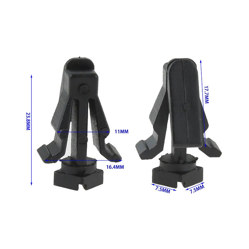 Black plastic Nissan bumper and grille fastening clip, model 76882-0M060.