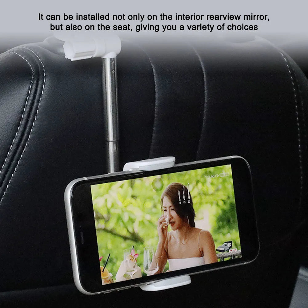 Black car rearview mirror phone holder showing 360-degree rotation joint and foam-padded phone cradle
