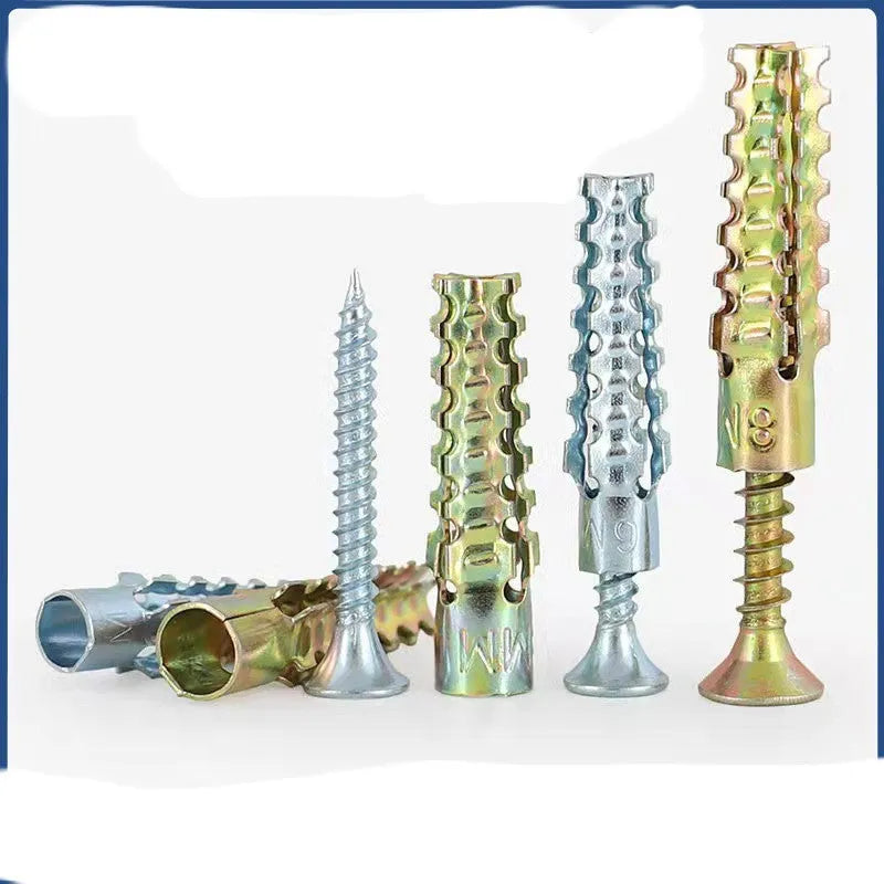 Iron expansion screw with four serrated barbs next to a screw, showing drill diameters of 6mm, 8mm, 10mm, and 12mm.