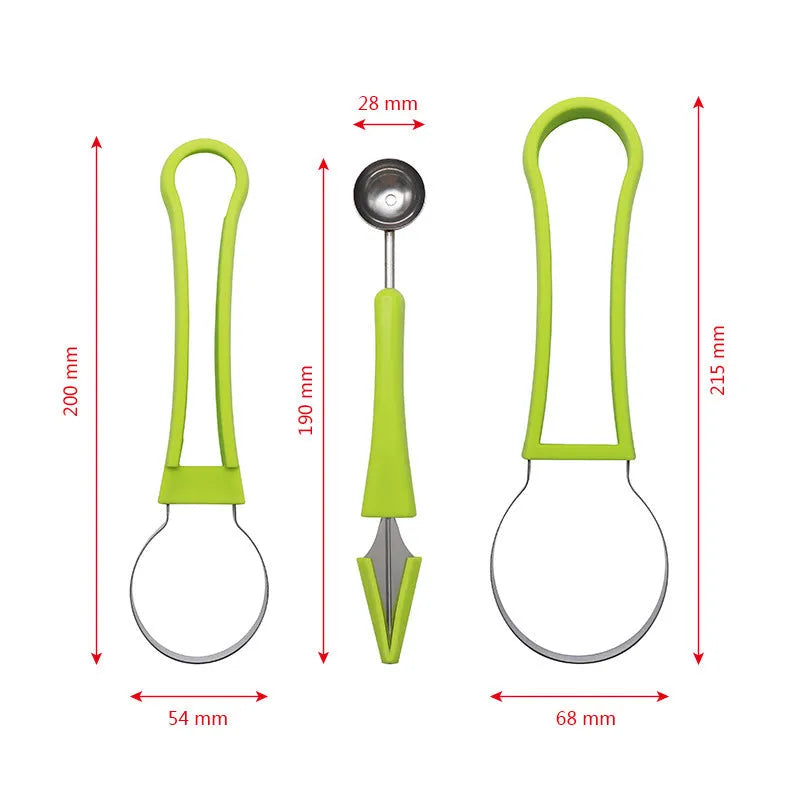Three-in-one stainless steel fruit ball excavator with large and small scoops, green and blue PP handles