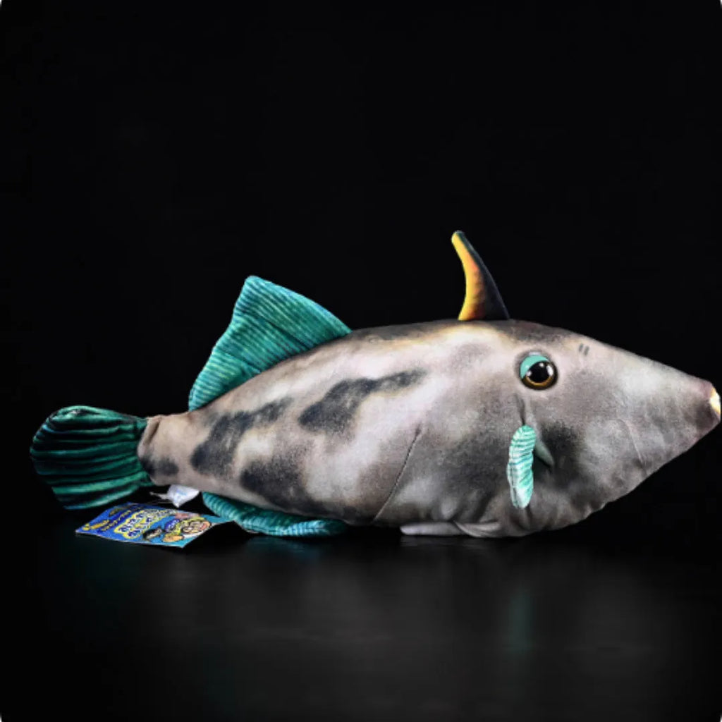 Simulation green fin pufferfish plush toy 42cm flannel stuffed animal on white background