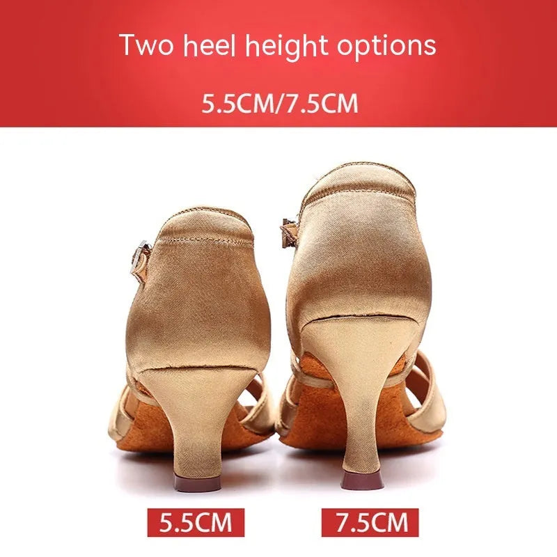 Women's Latin dance high heel shoes with real silk upper in skin colour, 5.5cm heel