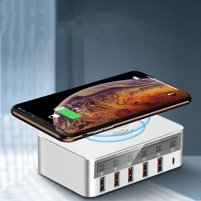 QC30 50W six-port USB desktop charger with optional wireless pad and UK plug.