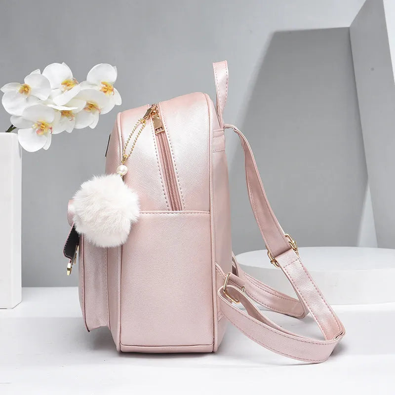 PU leather women's backpack set with bow plaid design in black, showing backpack, shoulder bag, and clutch