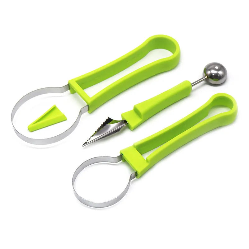 Three-in-one stainless steel fruit ball excavator with large and small scoops, green and blue PP handles