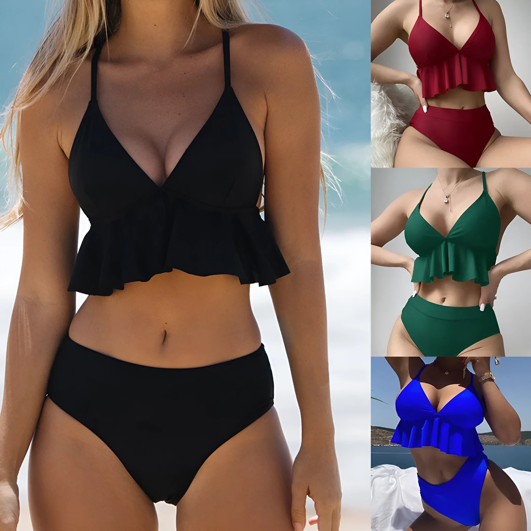 Women's solid colour split bikini swimsuit in black, army green, brick red, or blue