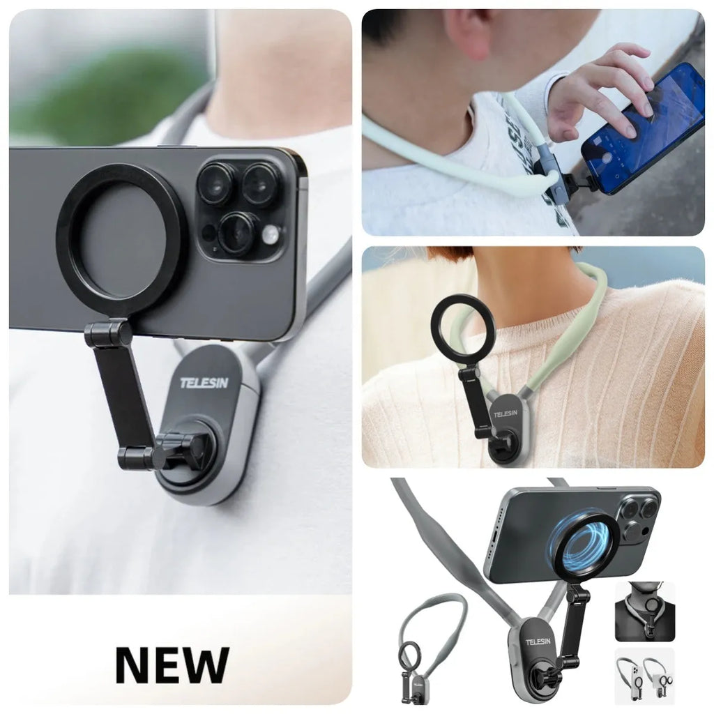 Grey silicone magnetic neck mount holding mobile phone in horizontal orientation