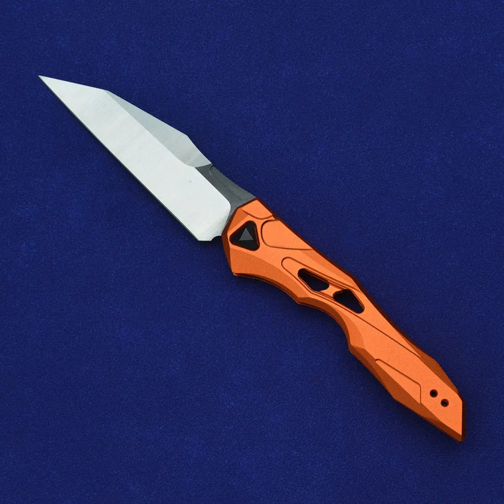 Black folding fruit knife with D2 steel blade and aviation aluminium handle open showing 19cm length