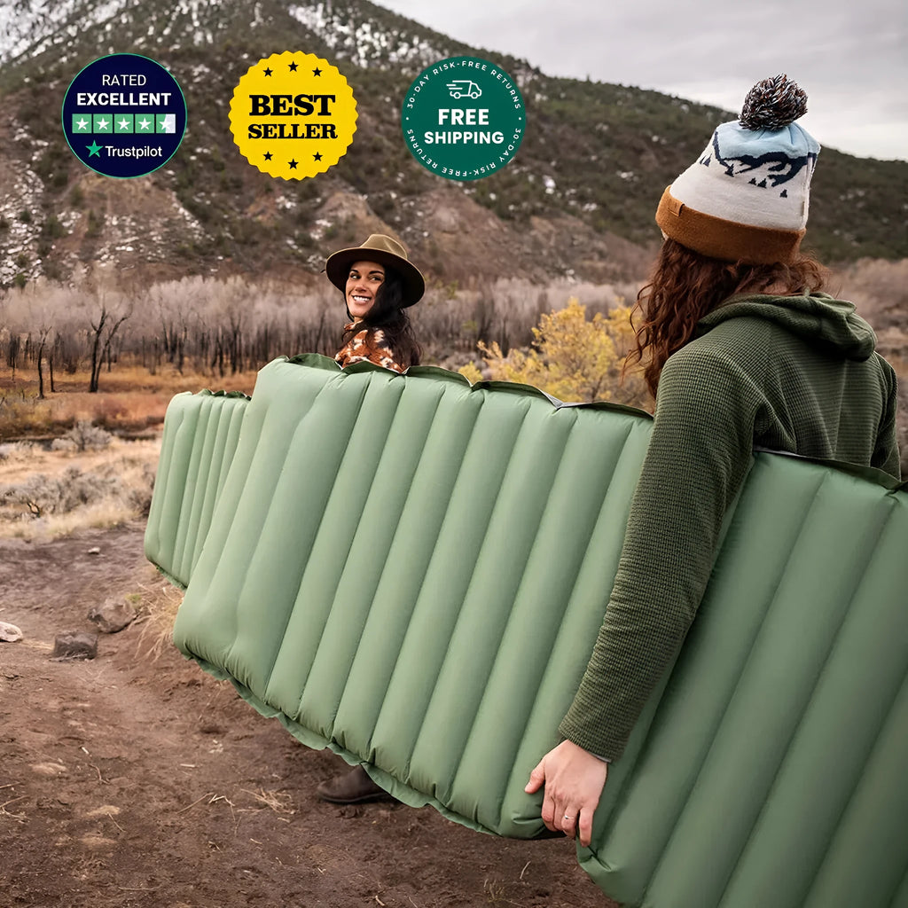 Single size inflatable camping mattress showing 10 cm thickness and portable folded design