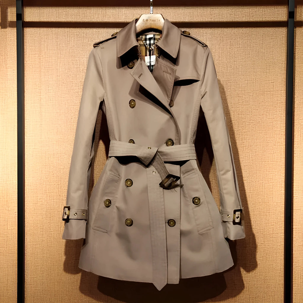 Khaki coloured women's double-breasted British-style trench coat with long flight sleeves.
