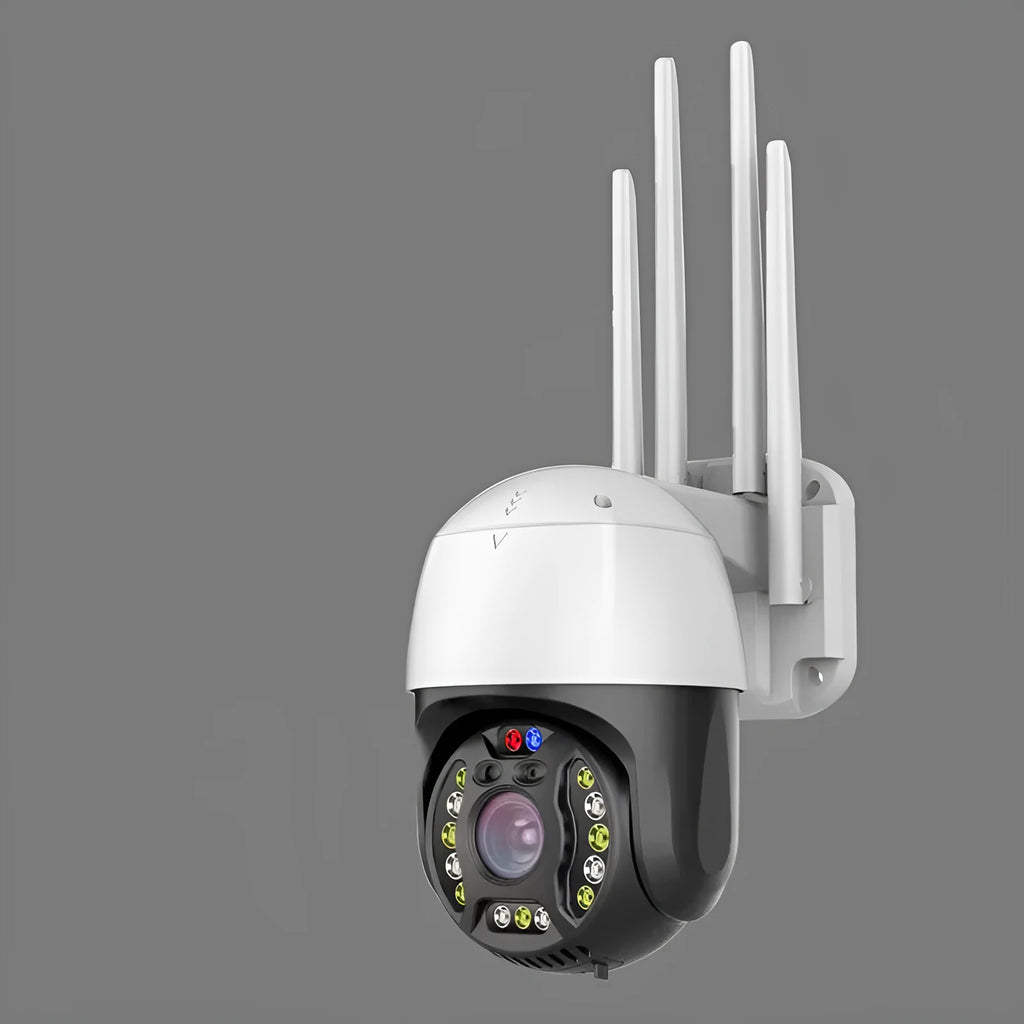 Outdoor dome security camera with 360-degree rotation on a wall mount.