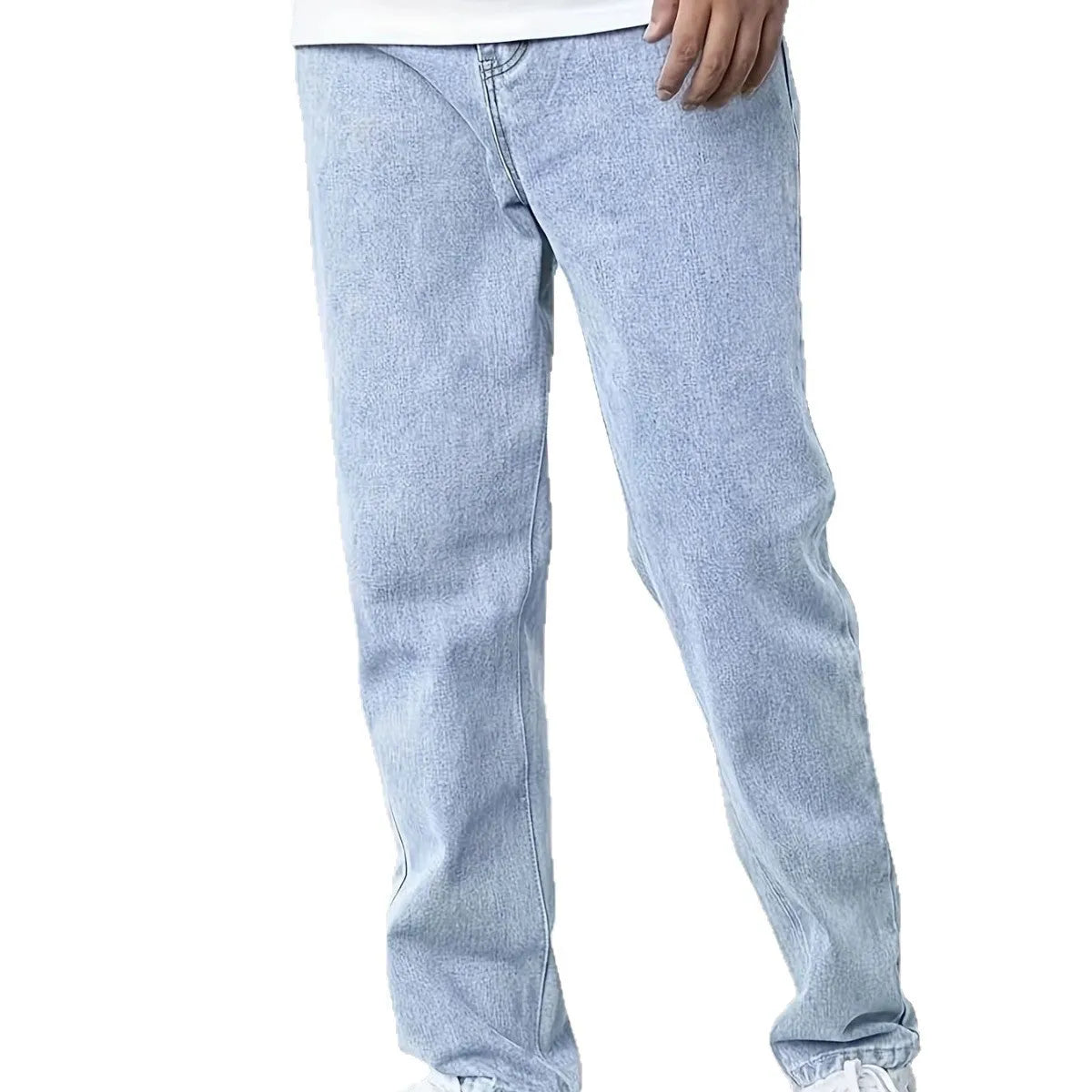 Youth slim straight-leg jeans for men in light blue cotton fabric, mid waist with zip placket