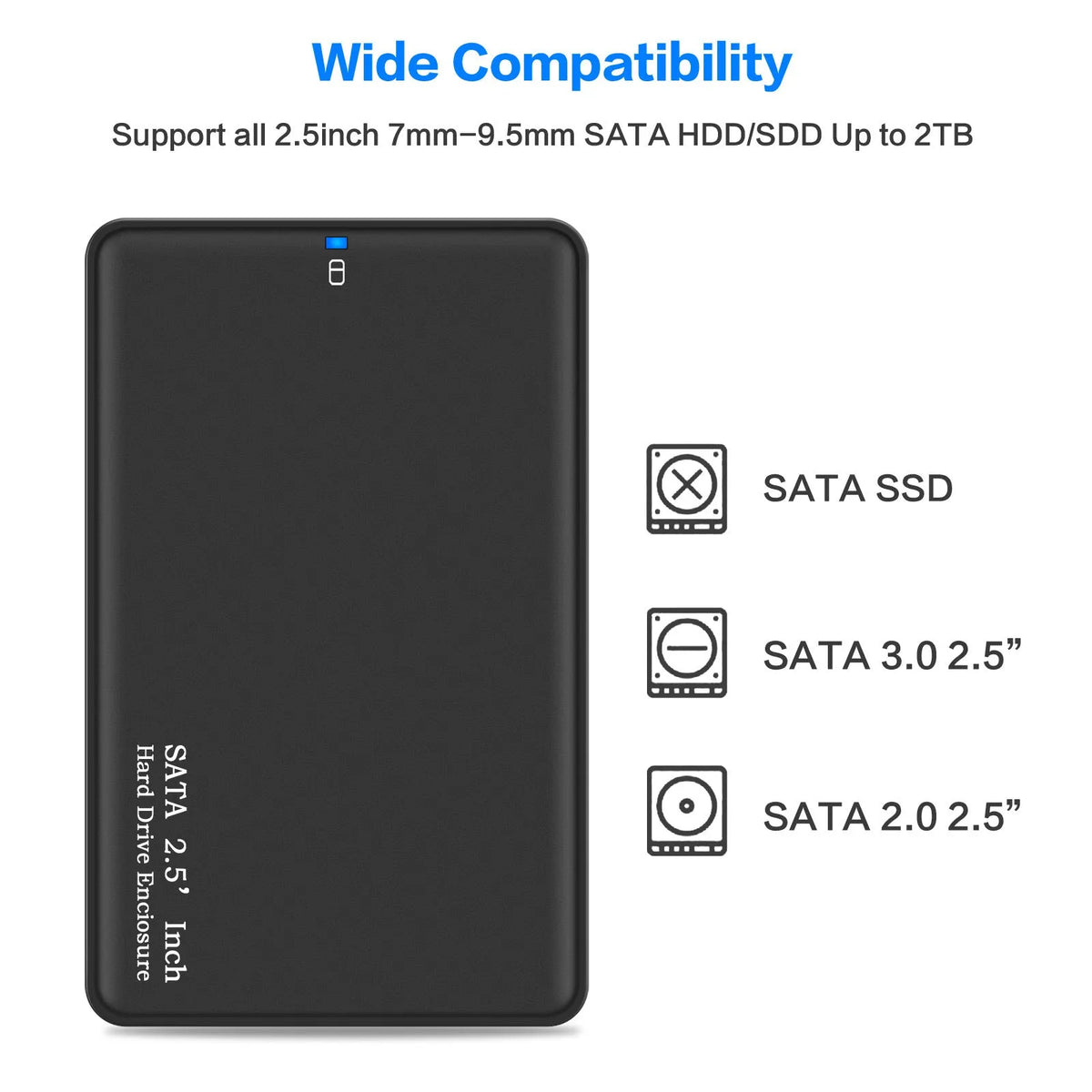 Black 2.5-inch external hard drive enclosure with USB 3.0 and SATA connector
