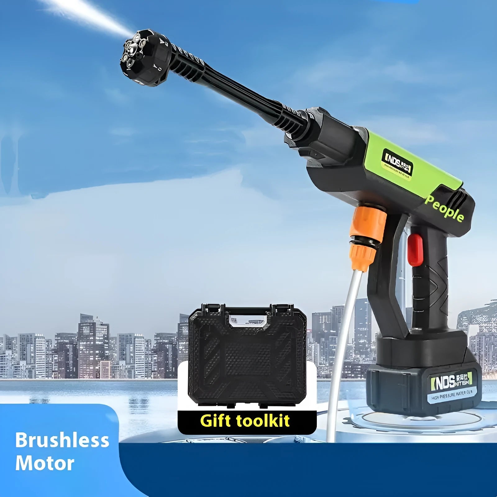 Green wireless high-pressure water gun with six nozzle attachments and foam pot for garden cleaning