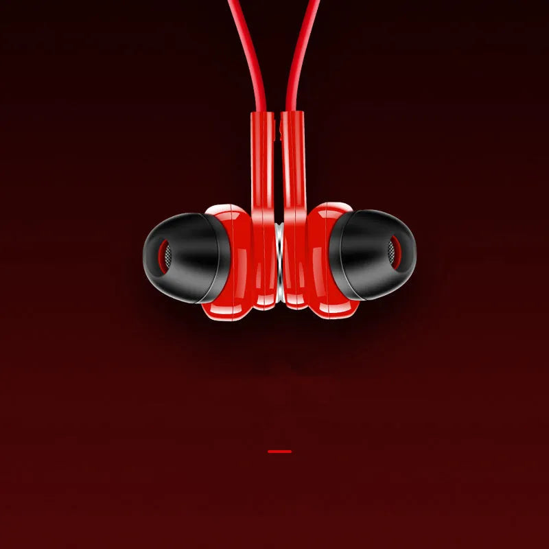 Neckband sports Bluetooth earphones in black, red, or white colours, showing the neck-hanging design.