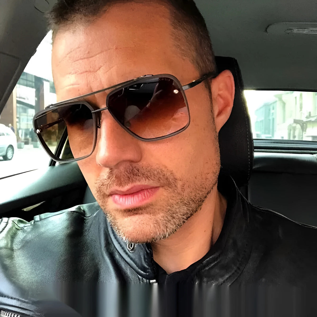 Men's double beam trimmed metal box sunglasses with UV400 protection in black frame and grey patches