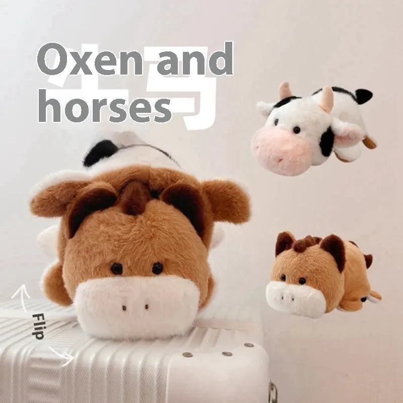 Creative transformation plush toy in cow horse colour, 35cm height, on white background