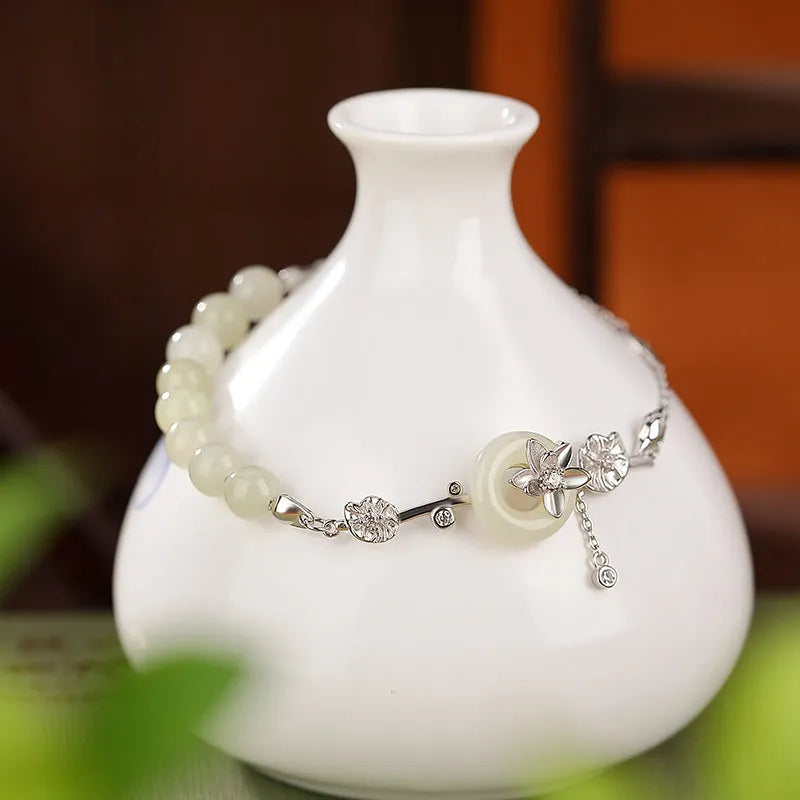 Hetian jade and 925 silver peace buckle bracelet with auspicious patterns in antique retro style