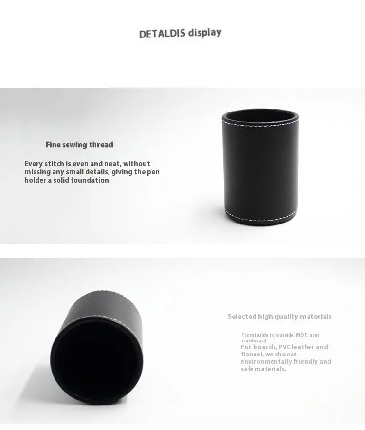 Black leather cylindrical pen holder measuring 8cm wide × 10.8cm tall on desk