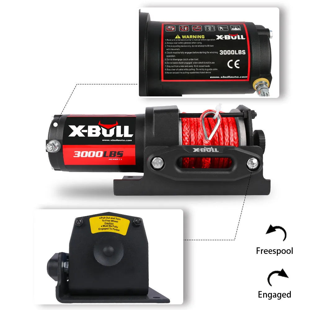 Black electric winch with nylon rope for off road vehicle self rescue use