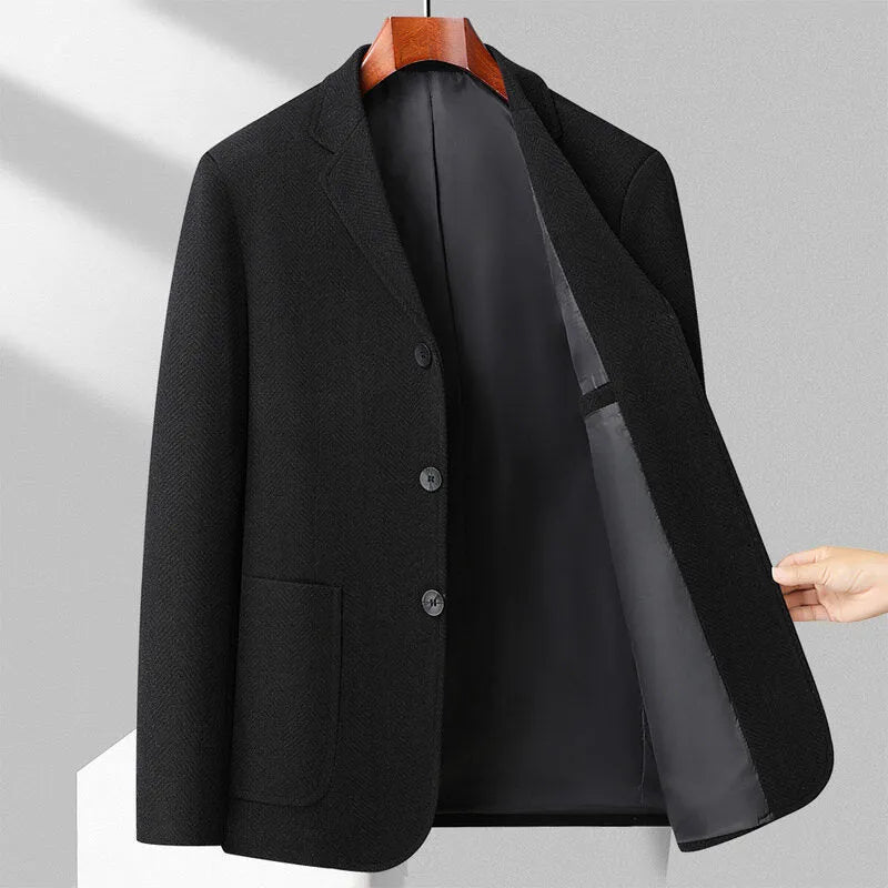 Men's loose-fit solid-colour wool blend overcoat for spring and autumn, shown in a neutral colour.