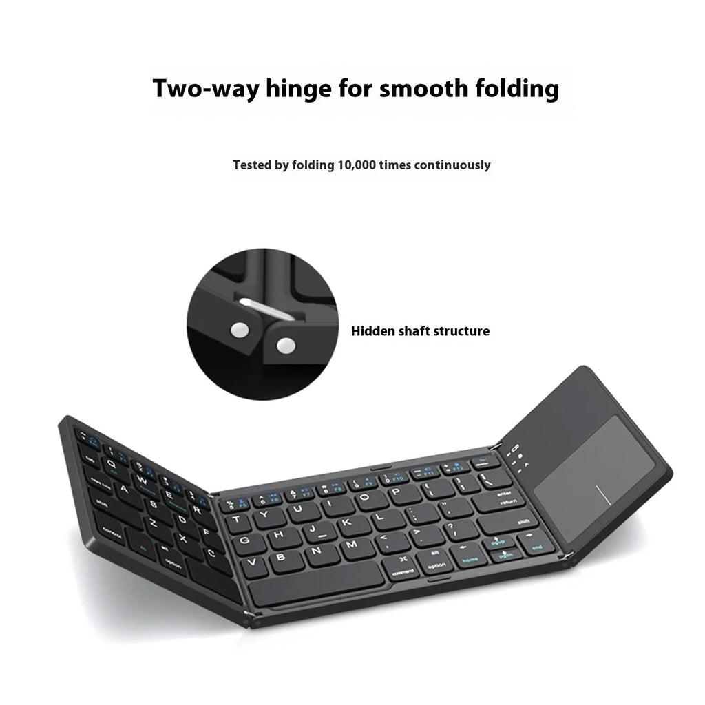 Black tri-fold Bluetooth keyboard shown unfolded next to folded silver version