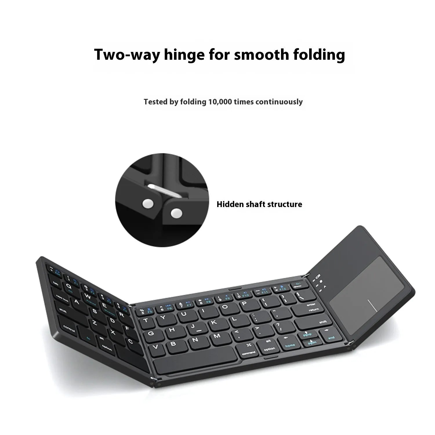 Black tri-fold Bluetooth keyboard shown unfolded next to folded silver version