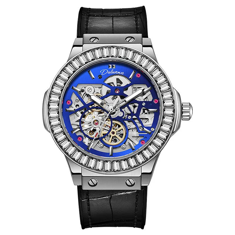 Automatic mechanical men's watch with diamond studs on a white shell case and hollow dial.