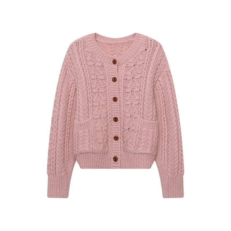 Thick knit twisted texture cardigan in beige with open front and short 40cm length