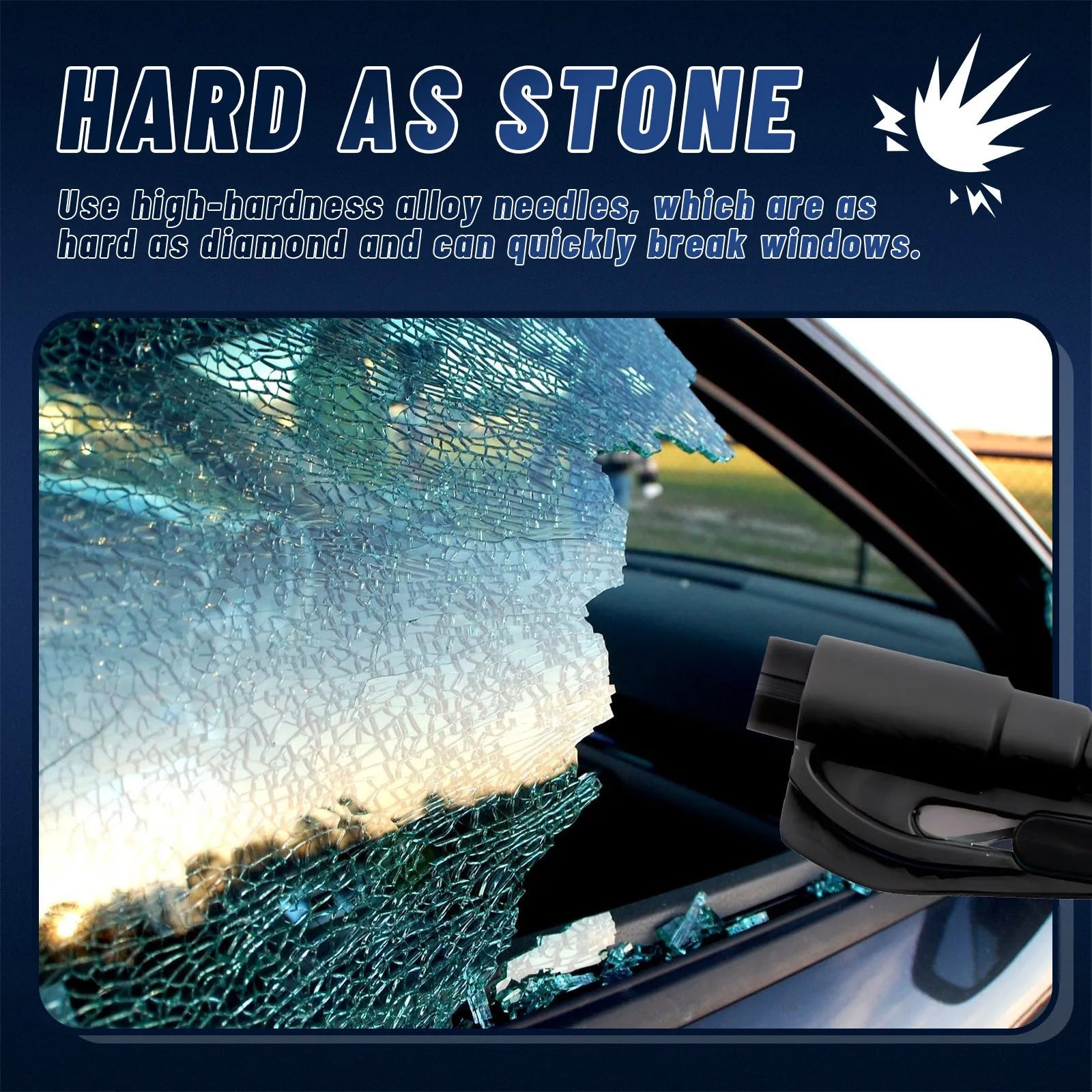 Compact 3.5cm by 7.5cm car emergency hammer with seatbelt cutter and window-breaking tip