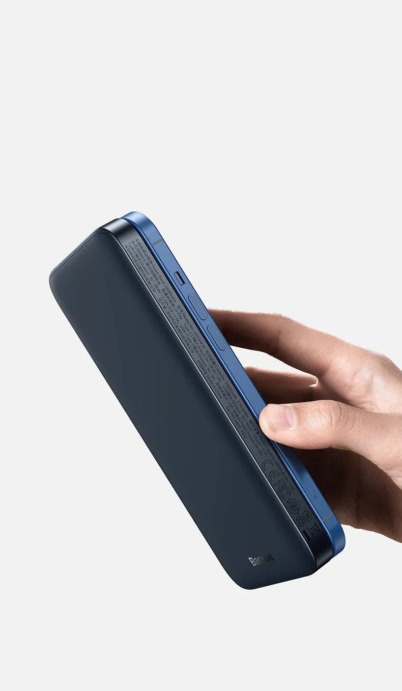 White or blue MagSafe magnetic wireless power bank with LCD display showing battery percentage