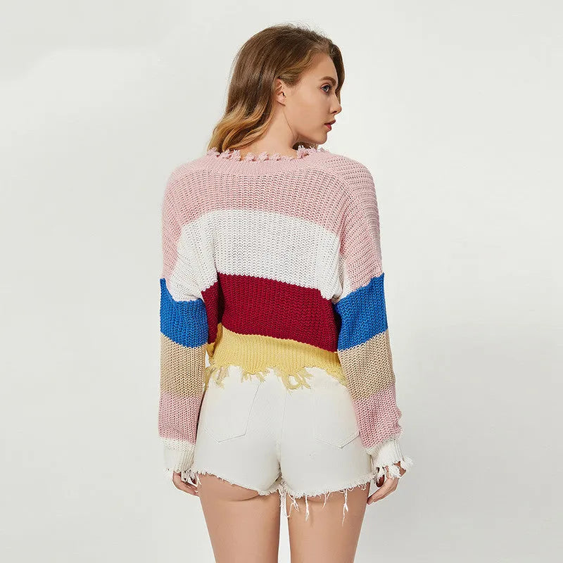 Colour-block striped deep V-neck irregular sweater for women, loose long-sleeve pullover in British style