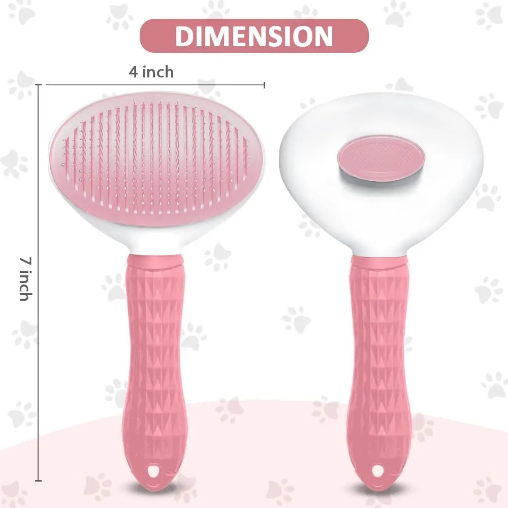 Blue cat grooming brush with a release button on the handle and fine wire bristles.