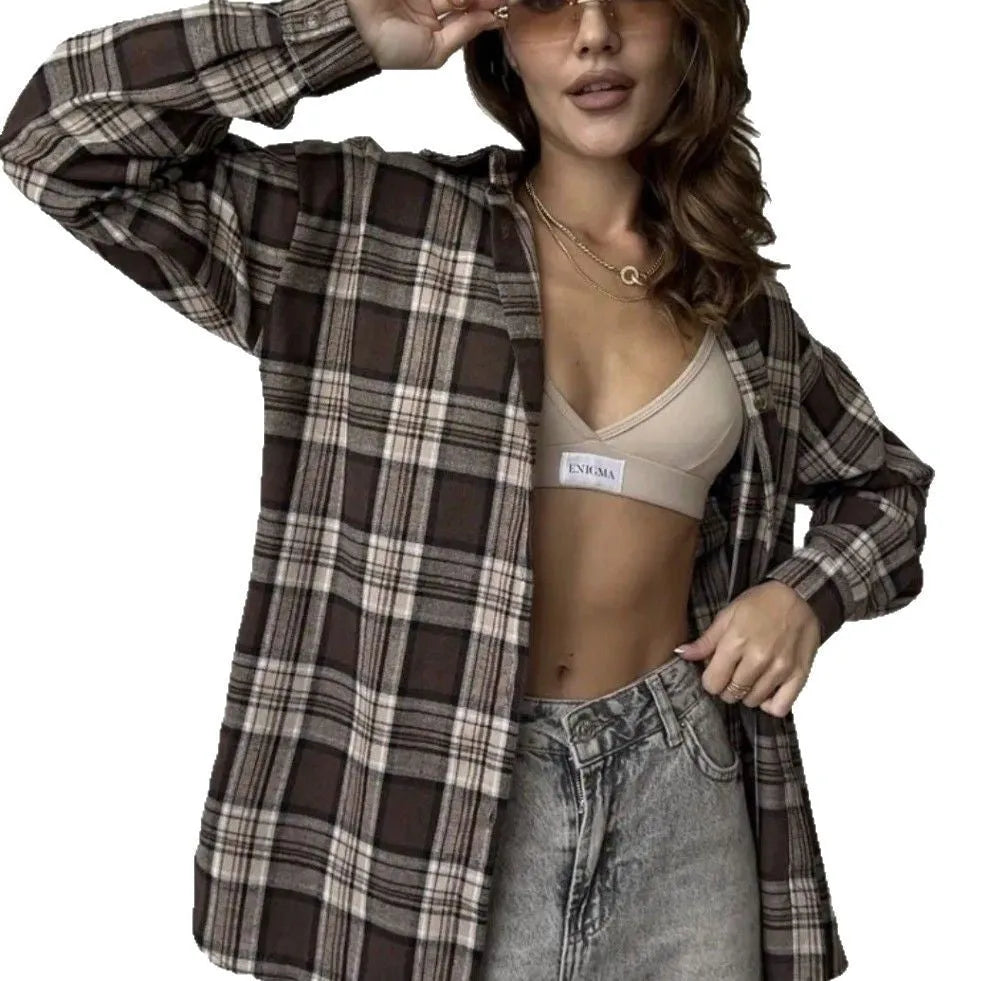 Dark brown striped women's shirt with retro styling and long sleeves