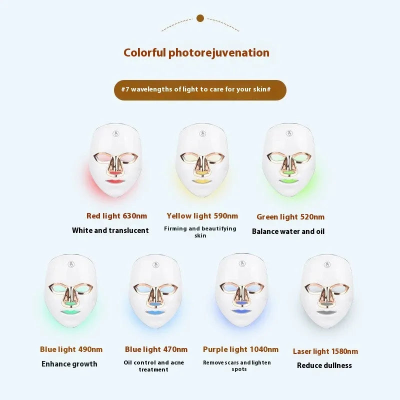 Rechargeable LED beauty mask with touch controls in white and black colour options on a table.
