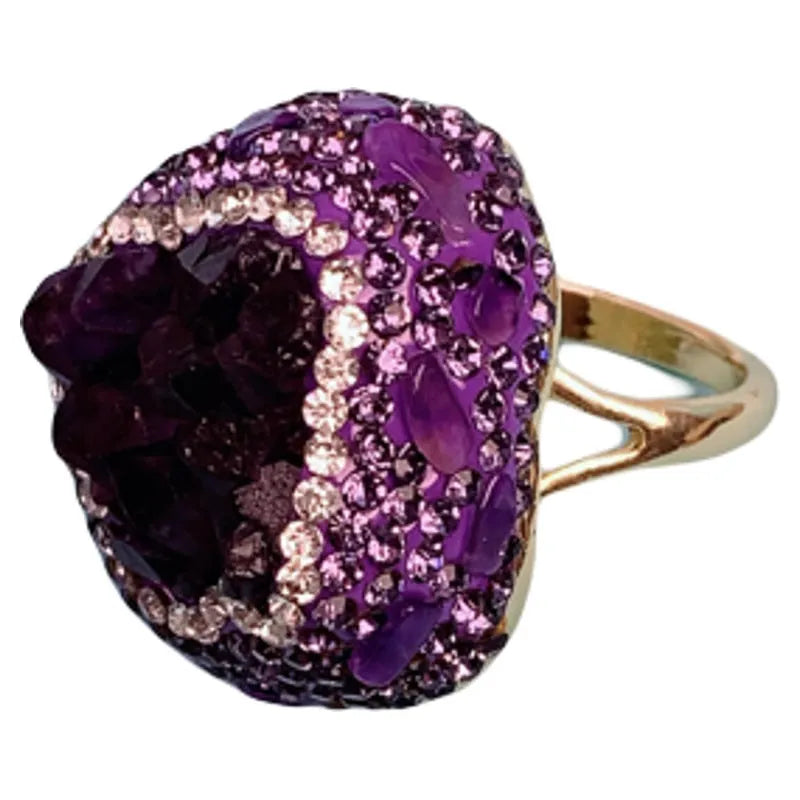 Natural Uruguay amethyst open adjustable ring on a white background showing the gemstone and open band design