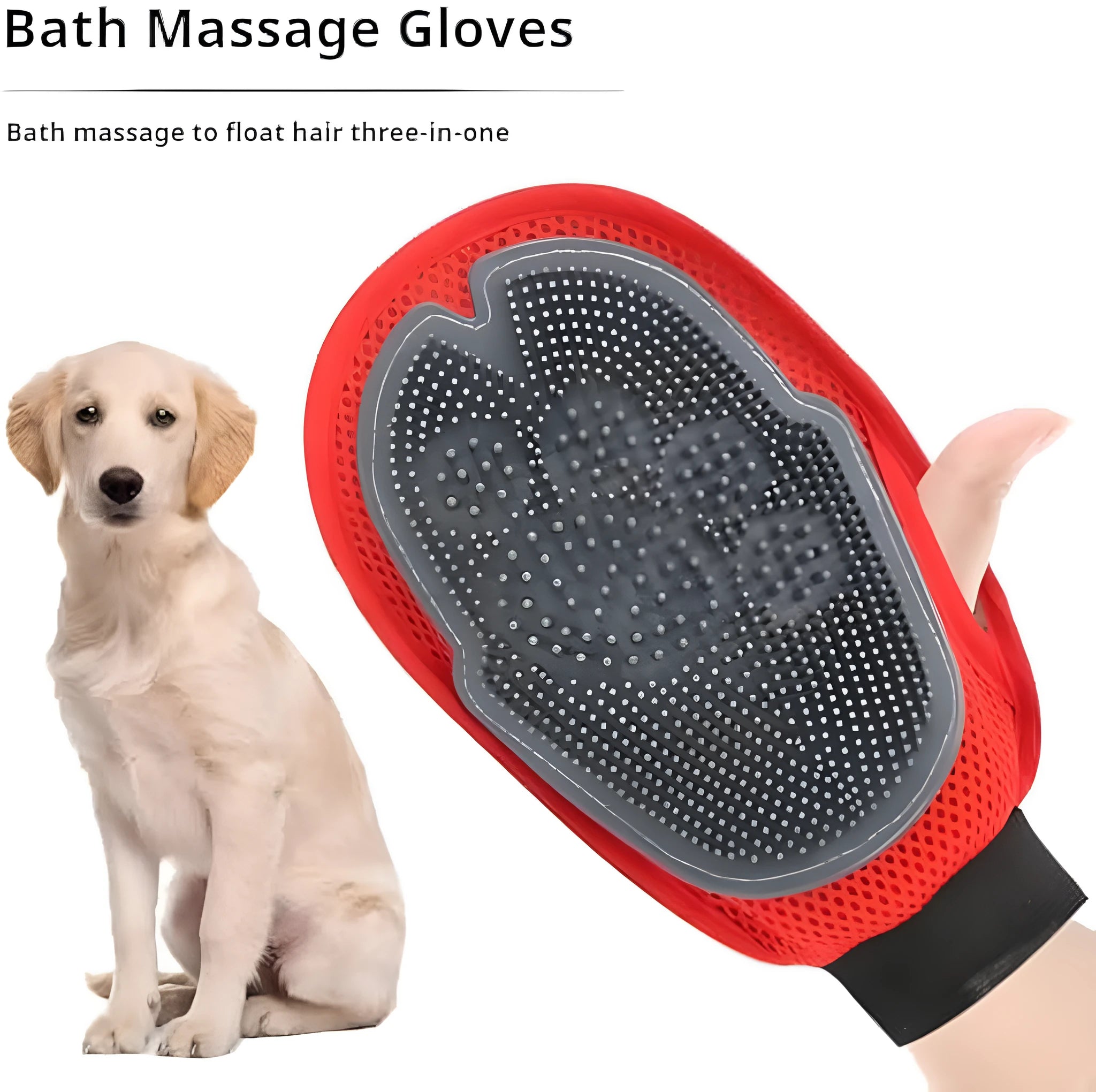 Red pet bathing glove combining a brush and grooming mitt for washing dogs or cats.