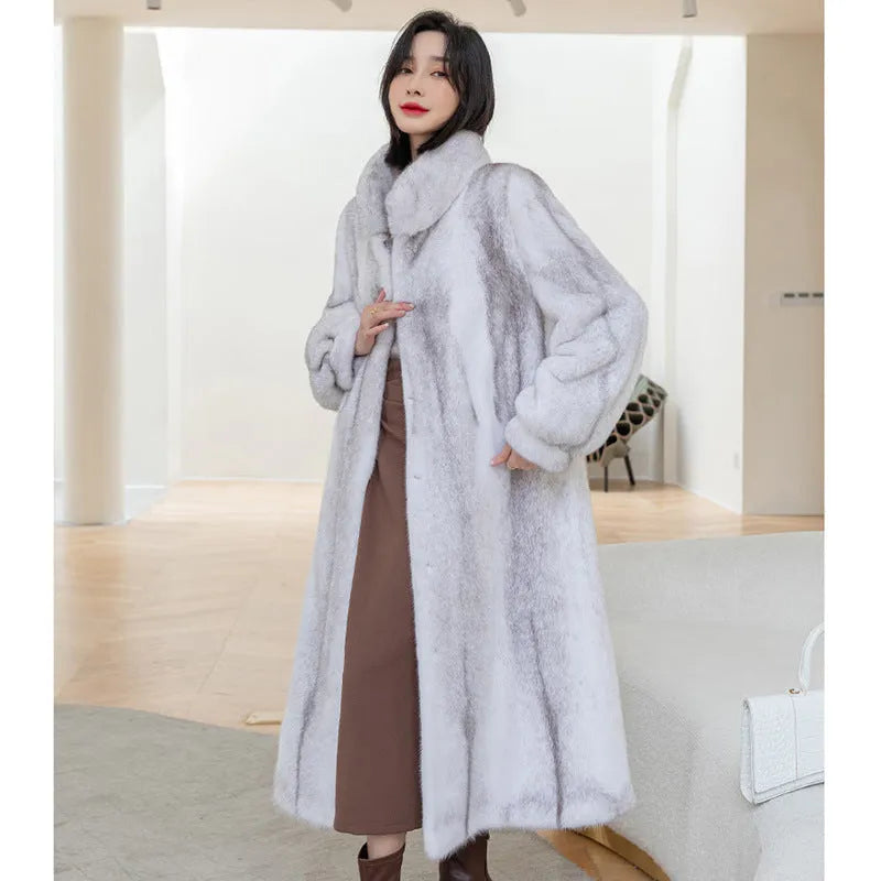 Women's long white faux fur coat with stand-up collar showing front view