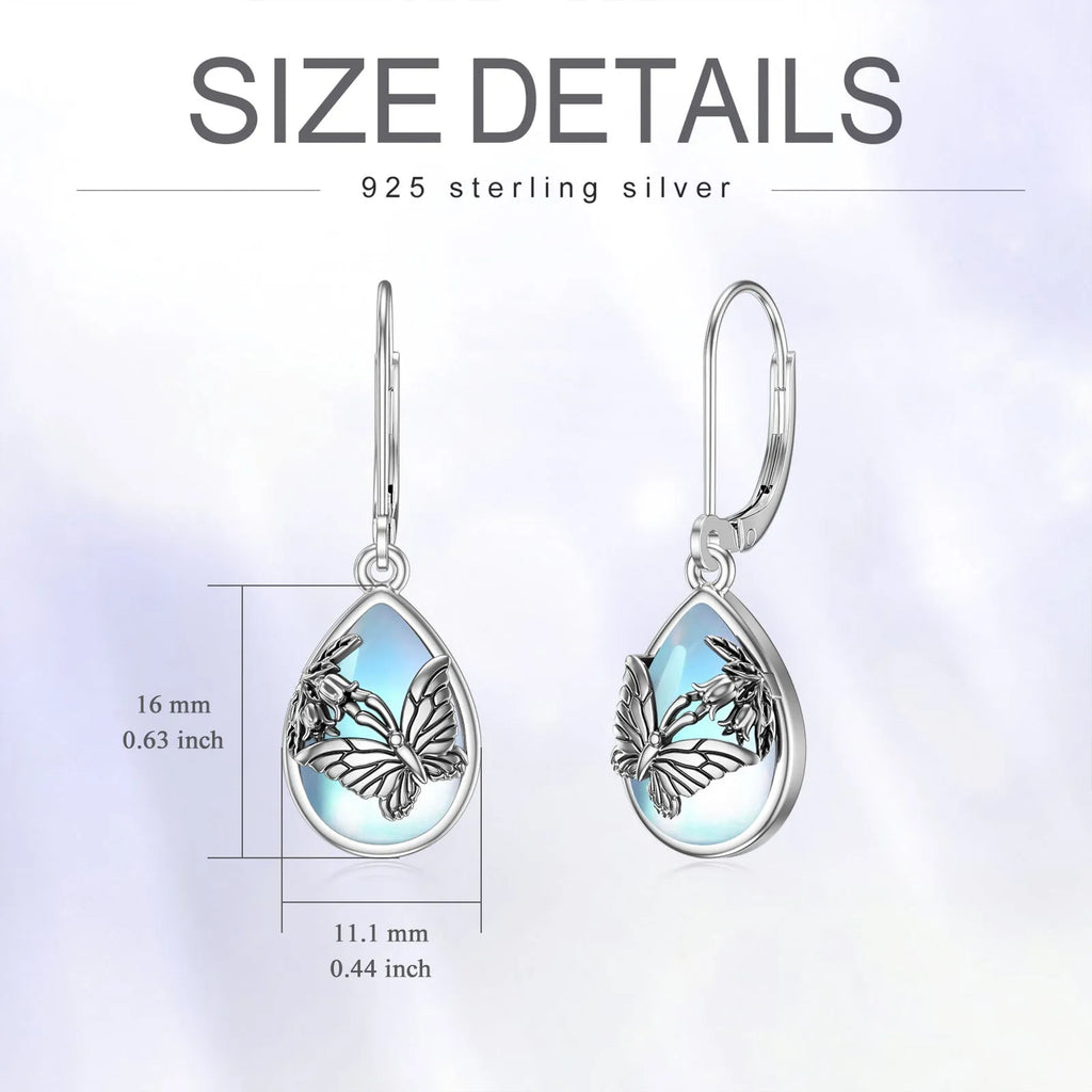 925 sterling silver butterfly moonstone leverback earrings for women, silver colour, on display