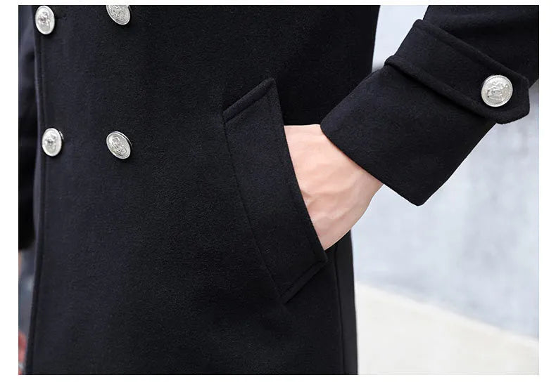Men's slim fit black wool coat, medium 65cm length, pleated patch pocket, sizes M to 4XL