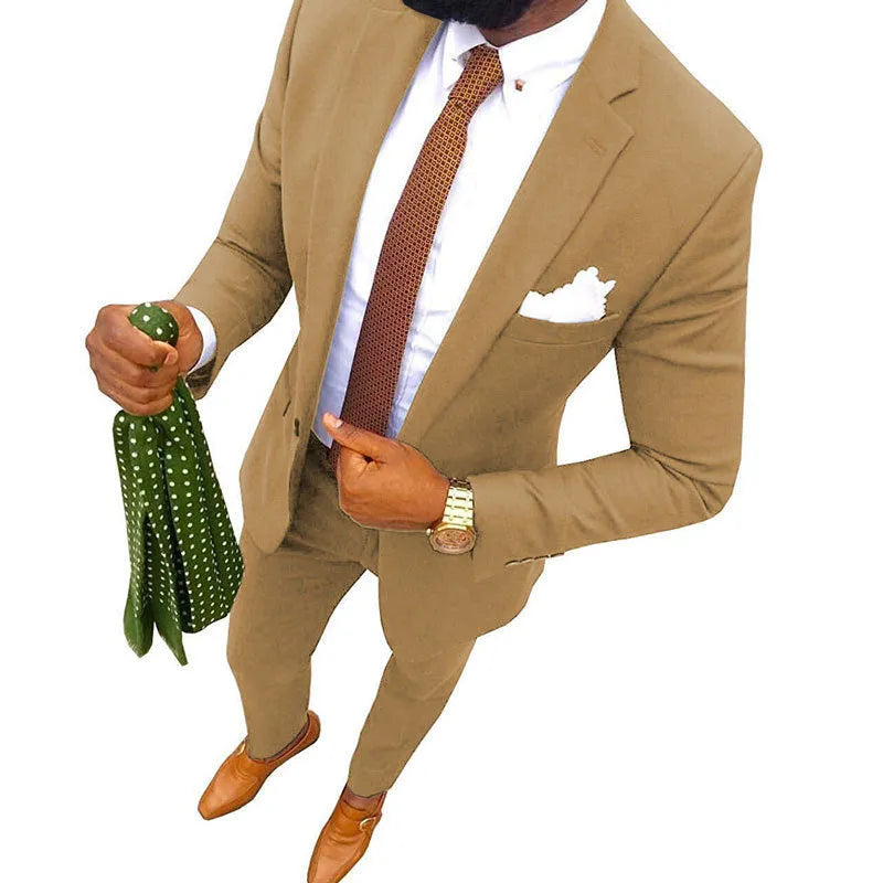 Men's purple cotton banquet suit comprising a jacket and trousers, shown on a hanger.