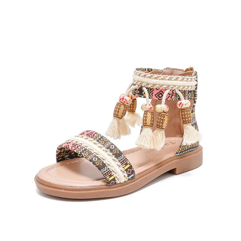 Retro children's roman sandals with beaded detail and back zipper in black
